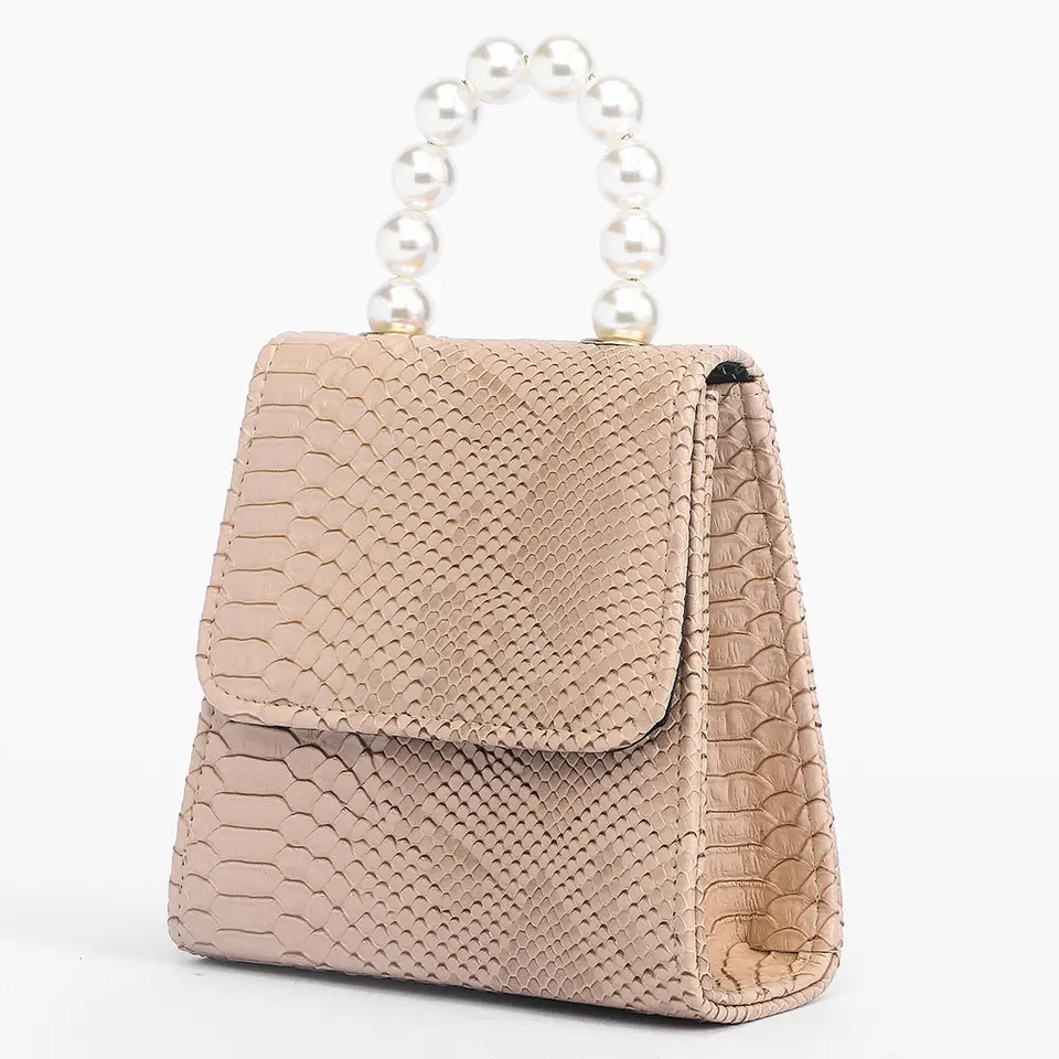 Classic Pearl Handle Chain Snake Pattern Leather Mini Handbag Customized