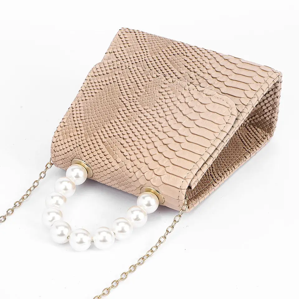 Classic Pearl Handle Chain Snake Pattern Leather Mini Handbag Customized