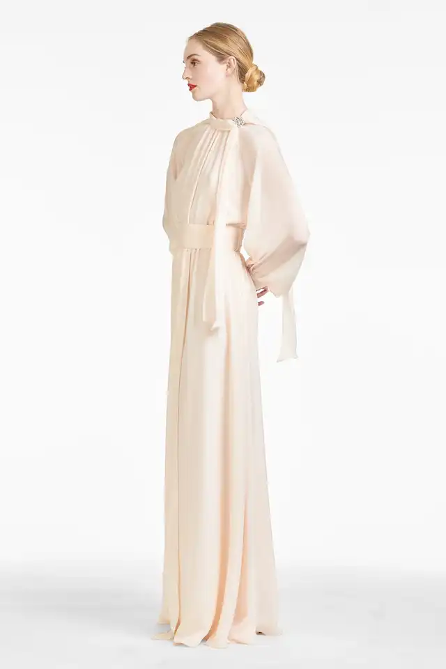 O-neck lantern long-sleeved high-waisted solid chiffon maxi dress