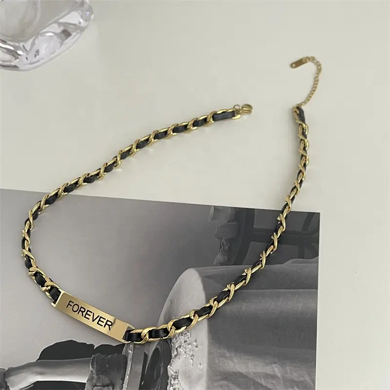 18k Gold Plated Leather Chain Vintage Women's Cuban Chain Necklace