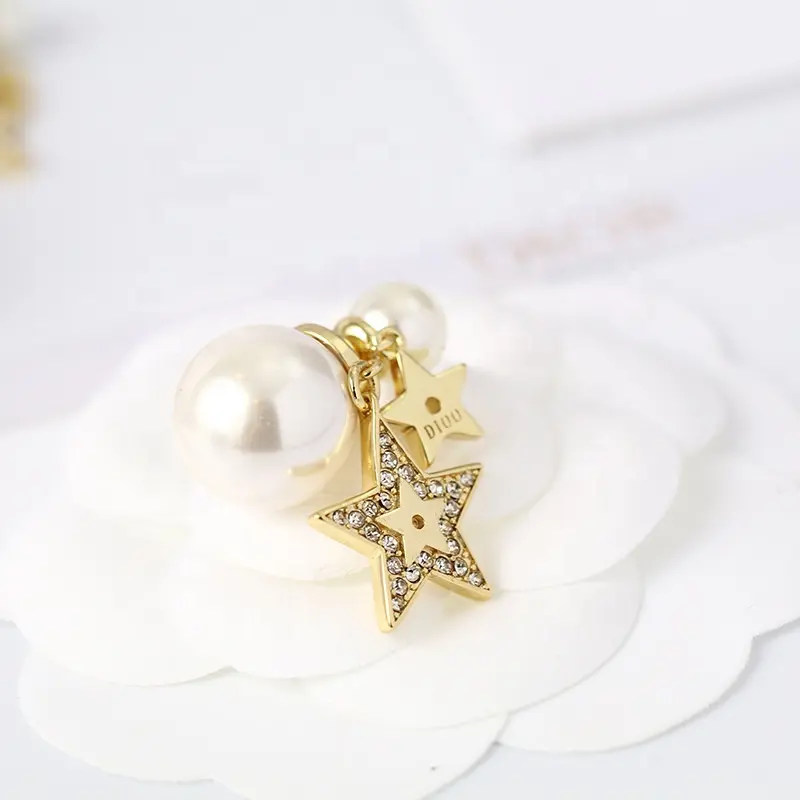 D Star Pearl Stud Earrings Gold Plated Fashion Jewelry