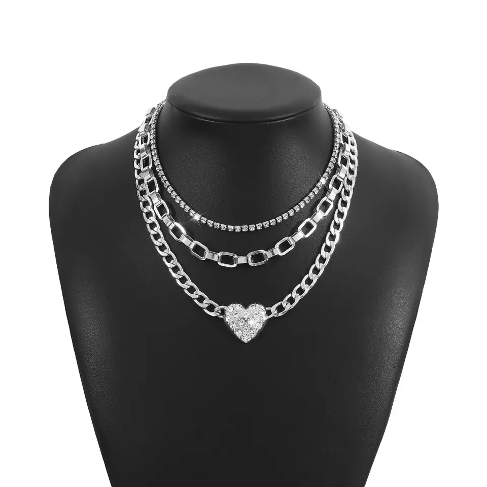 Punk multi-layered ring gold-plated heart-shaped diamond necklace