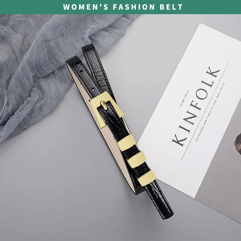 Fashion Women's Crocodile PU Leather Metal Ring Belt Thin Decorative Belt
