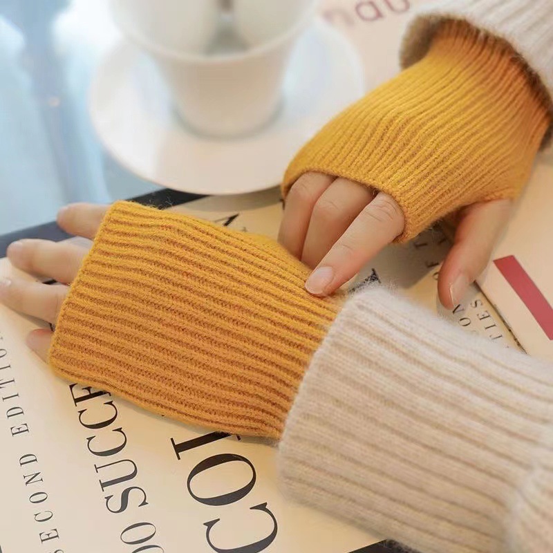 Woolen Half Finger Gloves Women Winter Warm Knitted Ribbed Thicken Arm Warmer Gloves Sleeve Wrist Protector Men Wholesale
