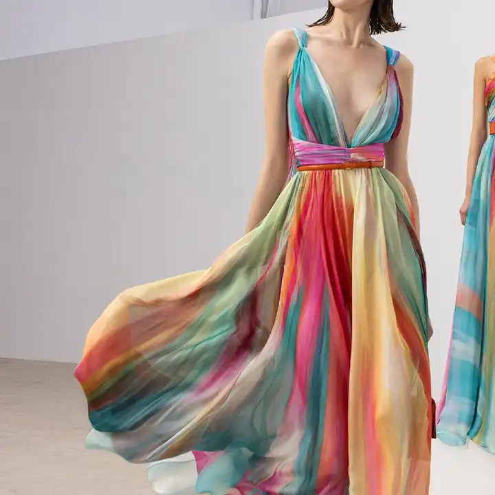 Pleated A-line deep V-neck maxi rainbow tie-dye sexy dress for women