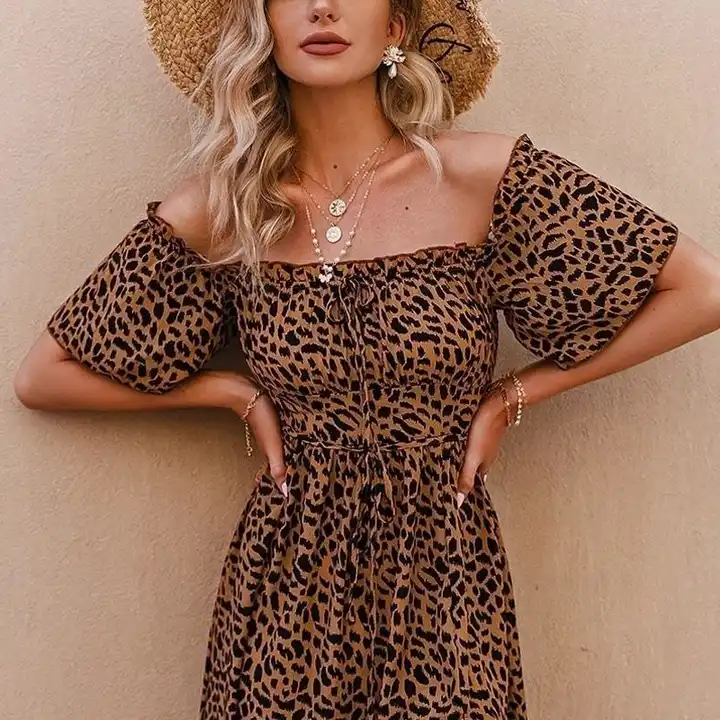 Customized European and American style bohemian ruffled long leopard print dress