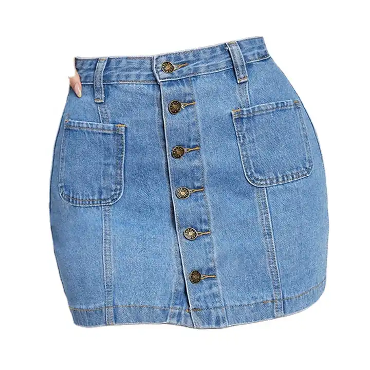 High rise double pocket single breasted mini denim women's skirt custom made