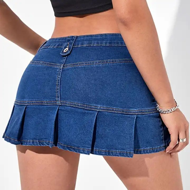 Low rise zip pocket detail pleated hem buttoned mini denim skirt custom made