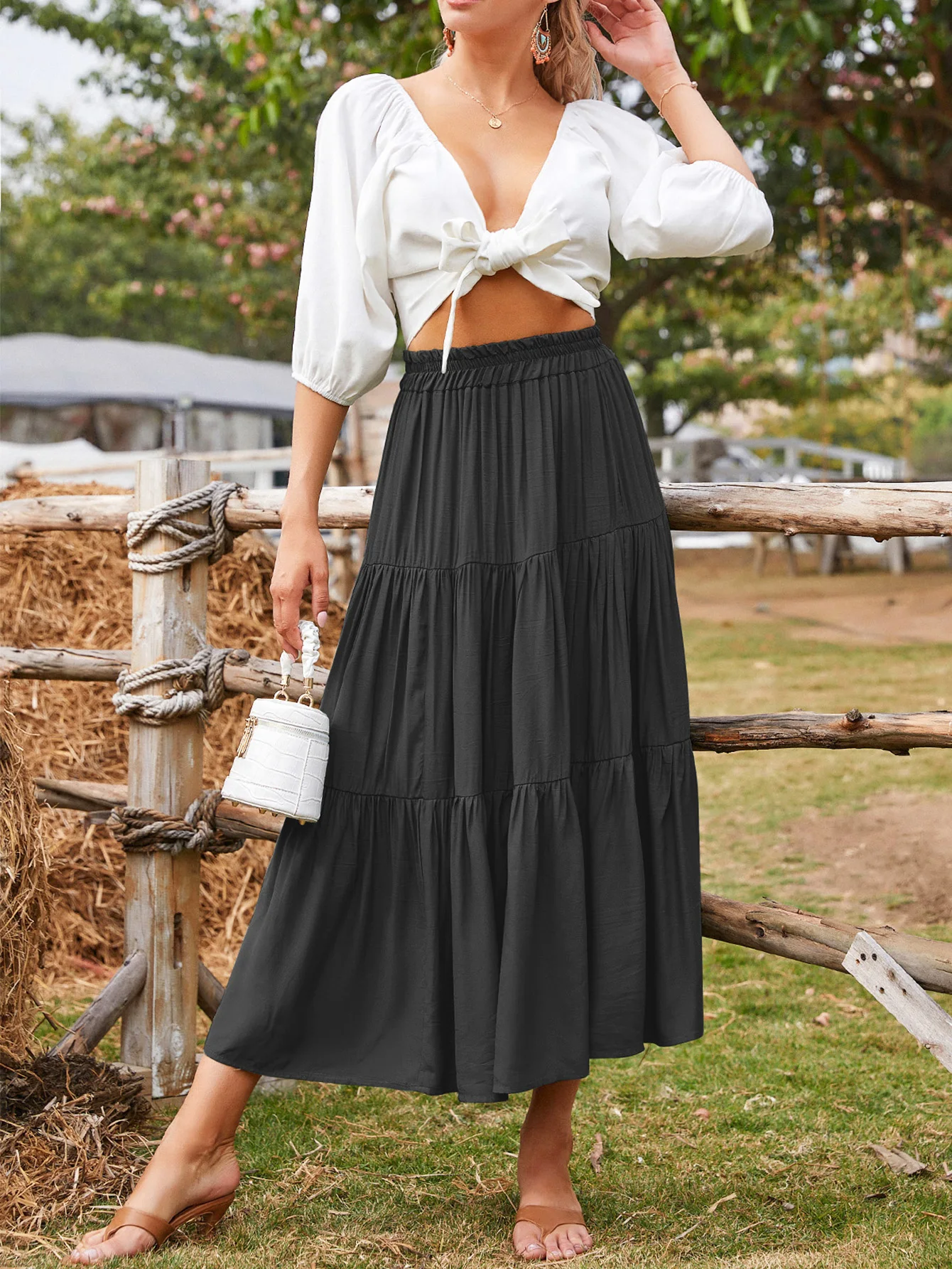 Perfect figure showing elastic high-waisted casual skirt A-line black retro long skirt customized