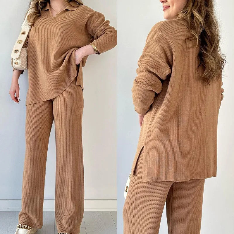 Spring fashion solid color loose V-neck long-sleeved pullover top trousers plus size knitted 2-piece
