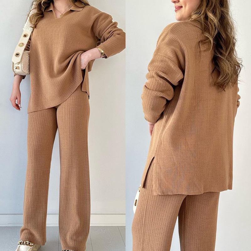 Spring fashion solid color loose V neck long sleeved pullover top trousers plus size knitted 2 piece suit women<i></i>'s sweater