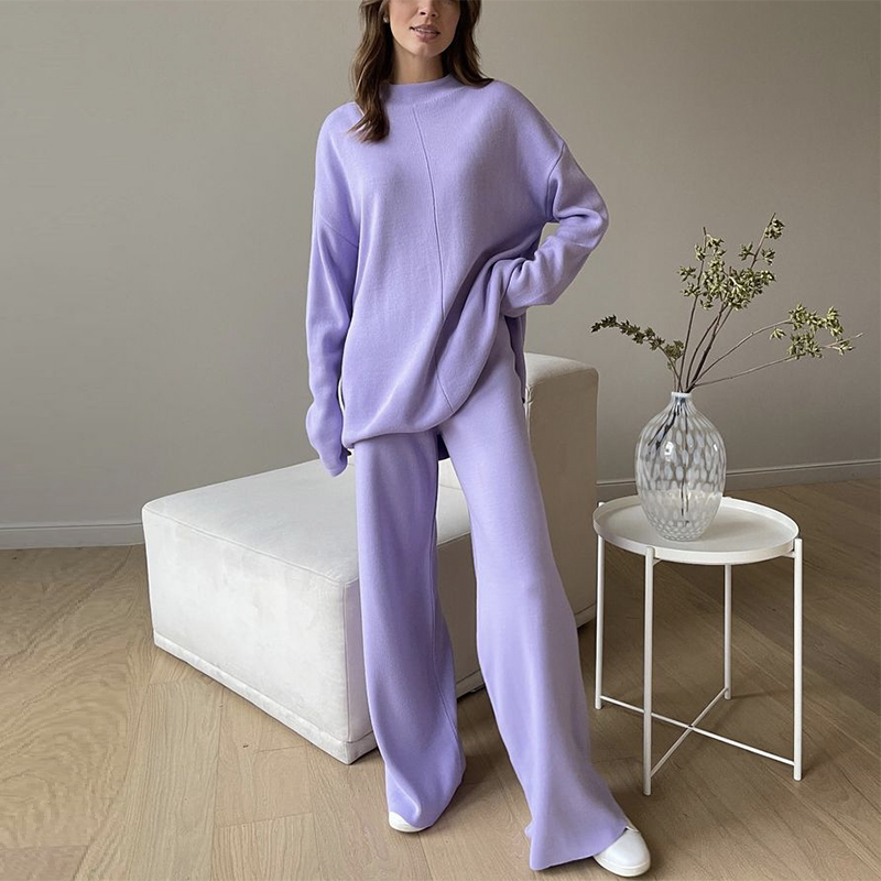 2022 Autumn Wholesale Fashion Loose Solid Color Split Top Warm Thick Knit Pullover Long Pants Suit Women<i></i>'s 2 Piece Sweater