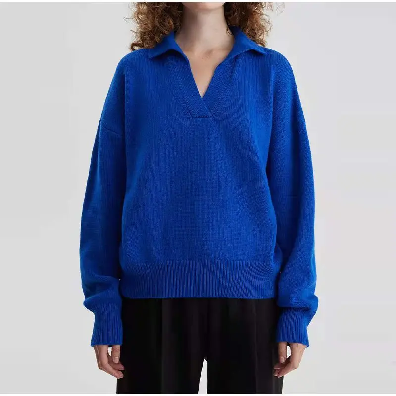 Fashionable Casual Polo Collar Knitted Short Oversized Loose Pullover Women's Sweater Customize