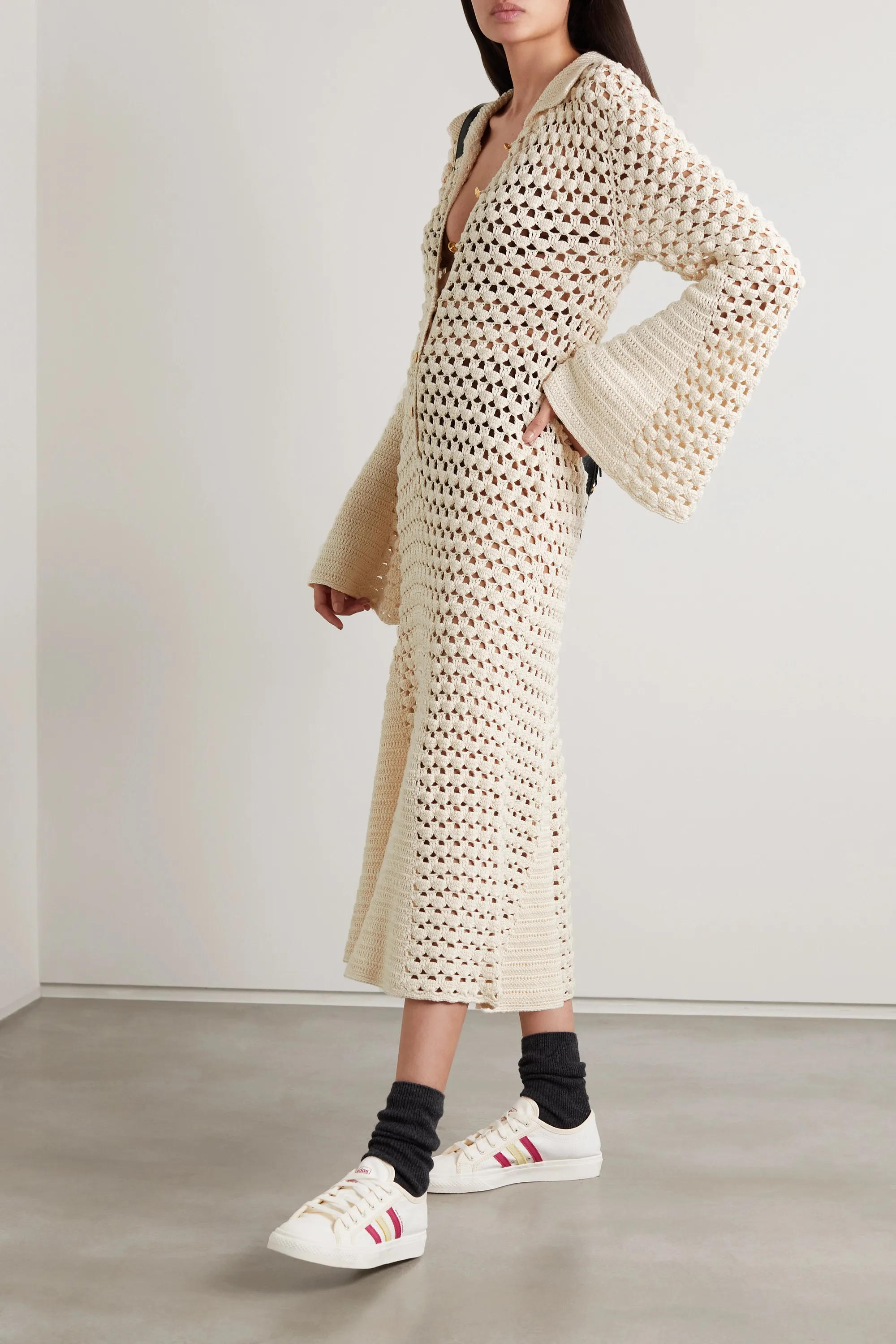 Summer Hollow Crochet V Neck Long Sleeve Bell Sleeve Cotton Pleated Skirt Knitted Dress Customized