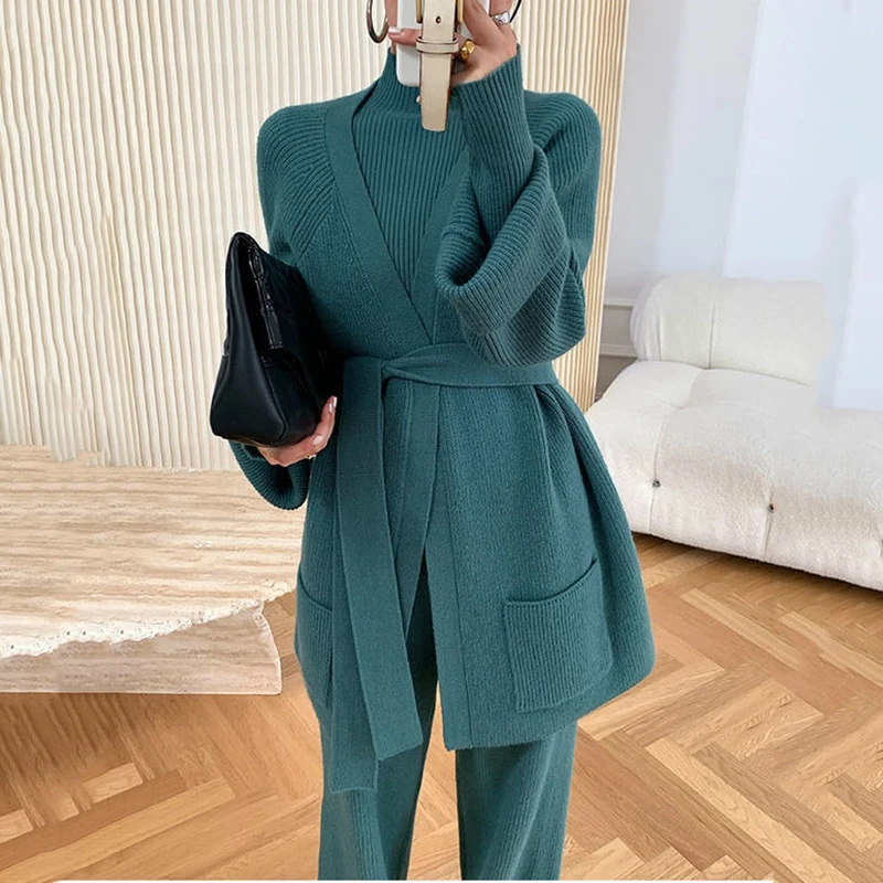New high-neck pullover knitted cardigan long-sleeved wide-leg pants 3-piece customized set
