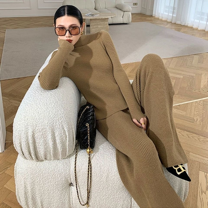Winter 2022 new design high neck pullover knitted cardigan long sleeve wide leg pants 3 sets women sweater