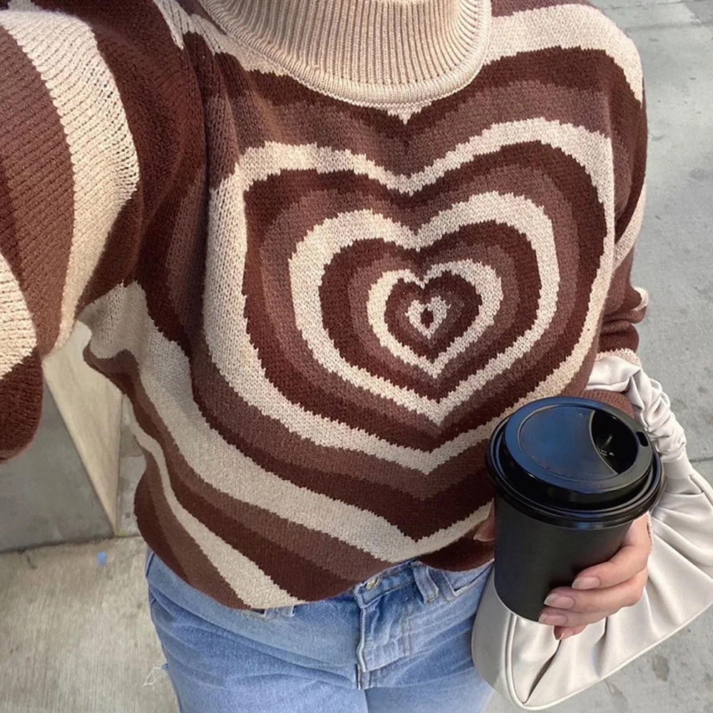Turtleneck Women's Striped Heart Sweater Sweet Pullover Long Sleeve Knitted Cropped Top Customi