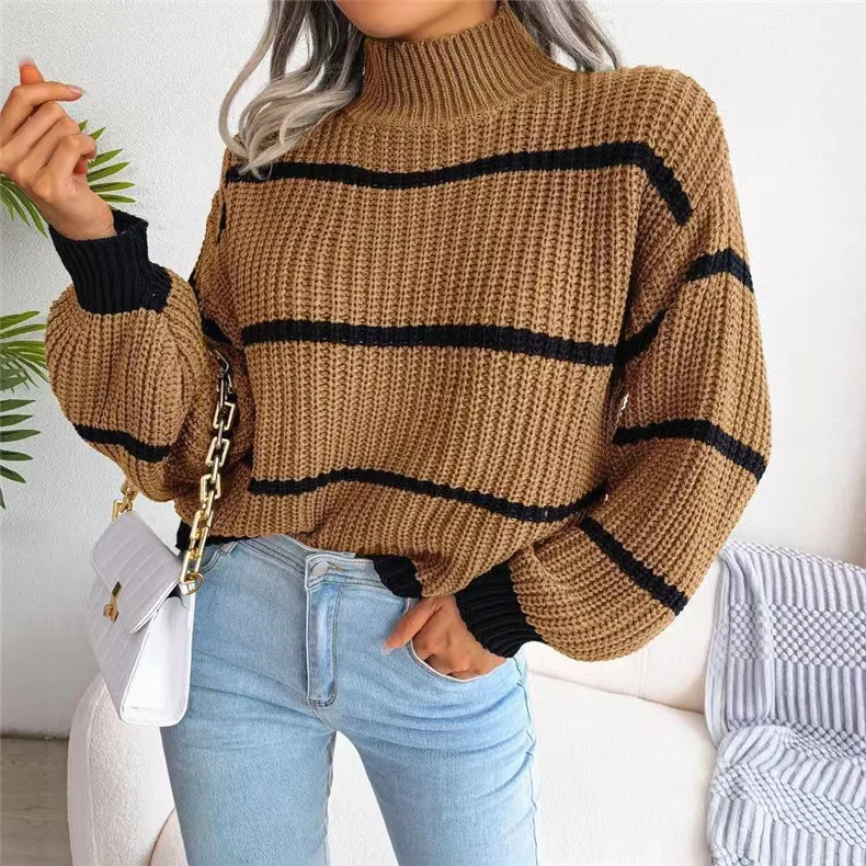 Autumn and winter European style casual striped lantern sleeve half turtleneck knitted pullover wome
