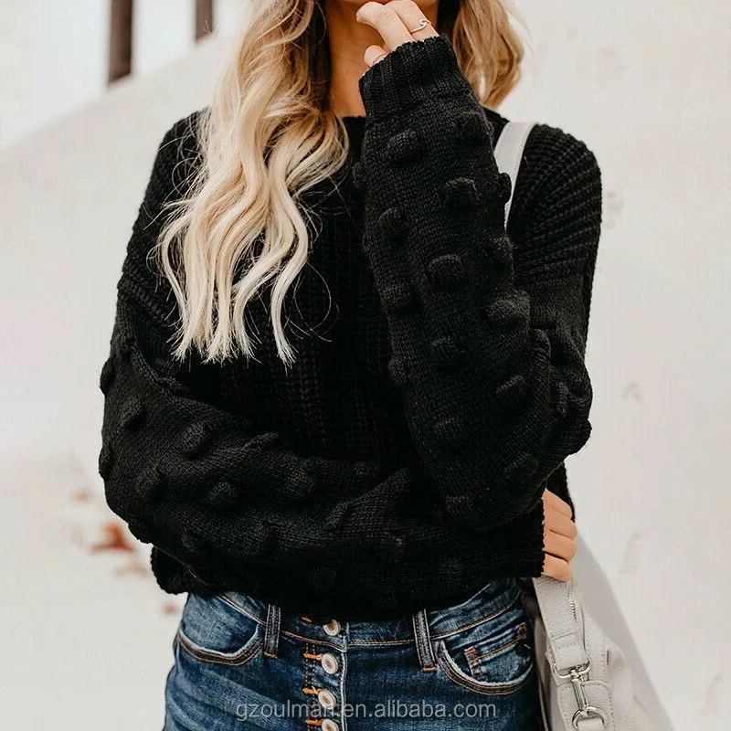 Popular O-neck solid color thickened navel-baring loose puff-sleeved knitted sweater customized