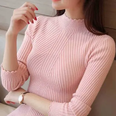 Women's Lace Half Turtle Collar Autumn and Winter New Korean Style Women's Slim Sweater Cu