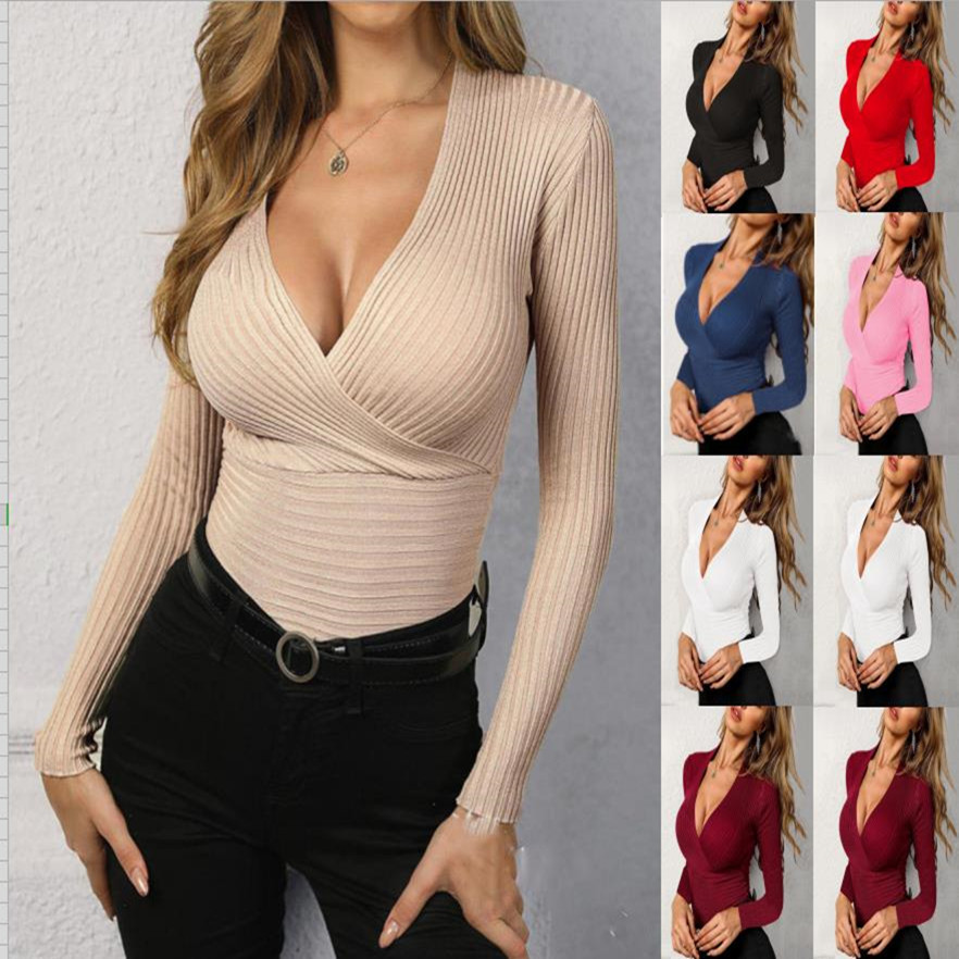 Autumn Spring Women<i></i>'s Blouse Slim Shape Solid Color V-neck Knit Long Sleeve Waist Tight Crop Sweatert-shirt