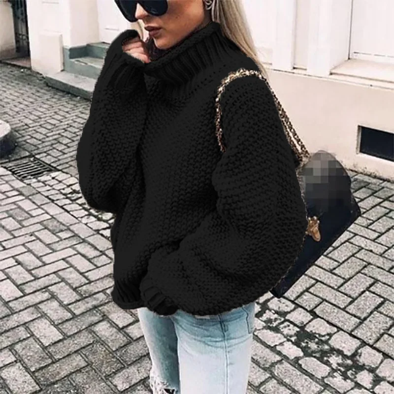 Autumn and winter long-sleeved girls' fashion solid color knitted casual popular high-neck bat 